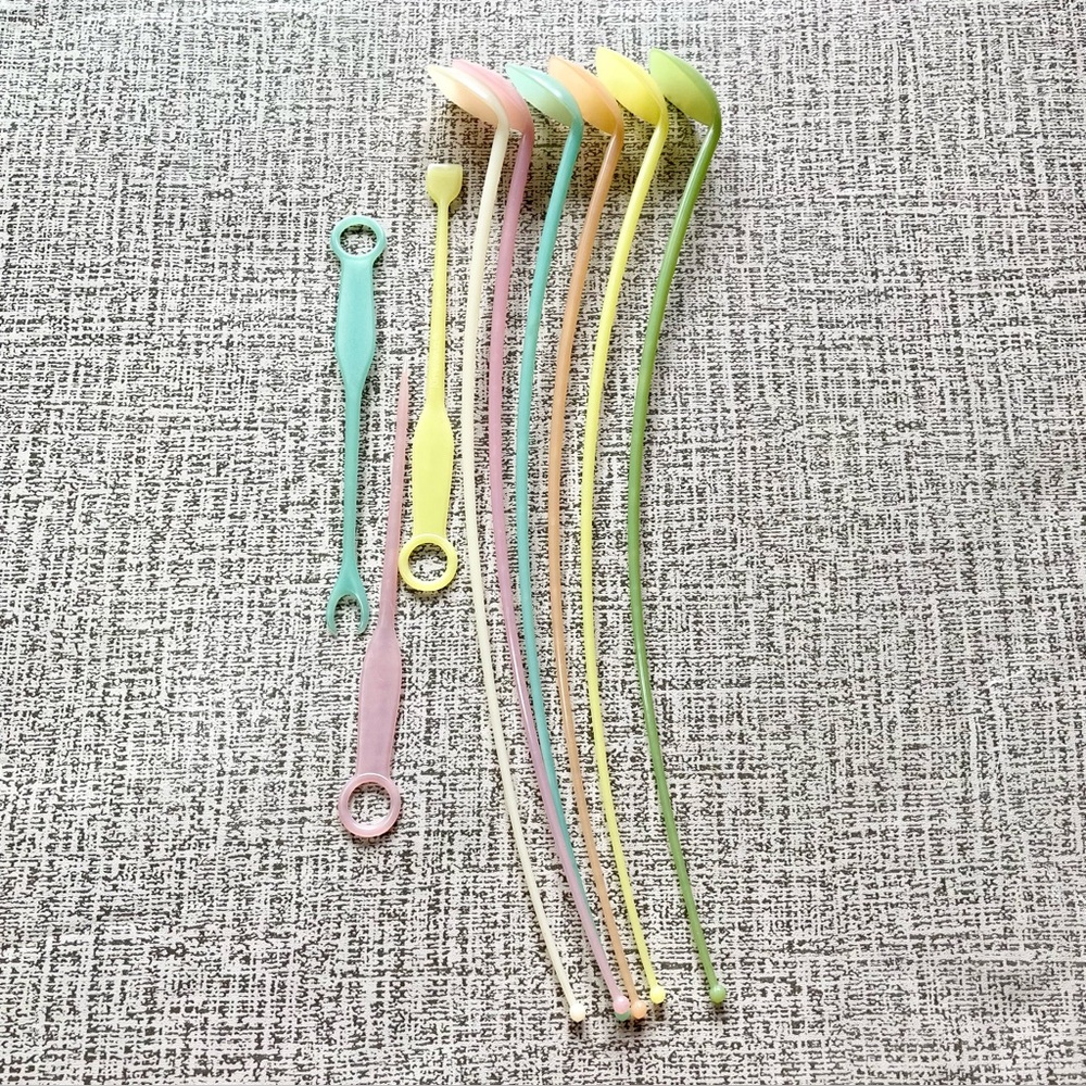 Vintage Tupperware Lot 6 long Tea Spoons + 3 Barware Pick Fork